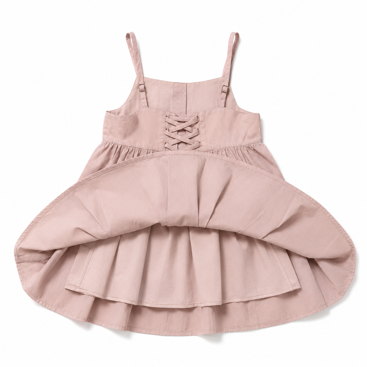 A dusty pink sleeveless dress with thin shoulder straps, a lace-up front bodice, and a tiered ruffled skirt, shown flat on a white background.