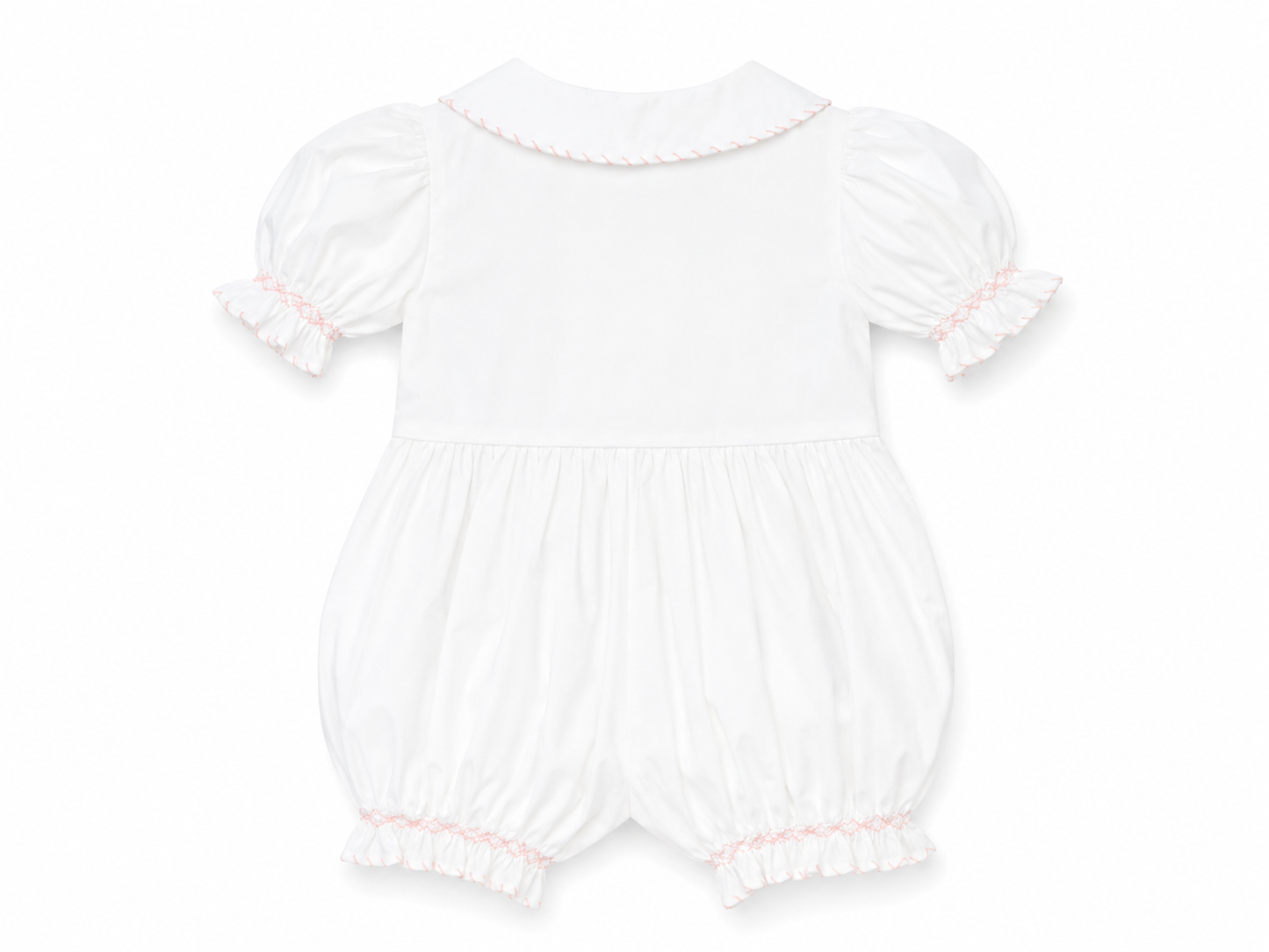 A white baby romper with short puff sleeves, ruffled collar, and ruffled leg openings, featuring delicate pink trim details.