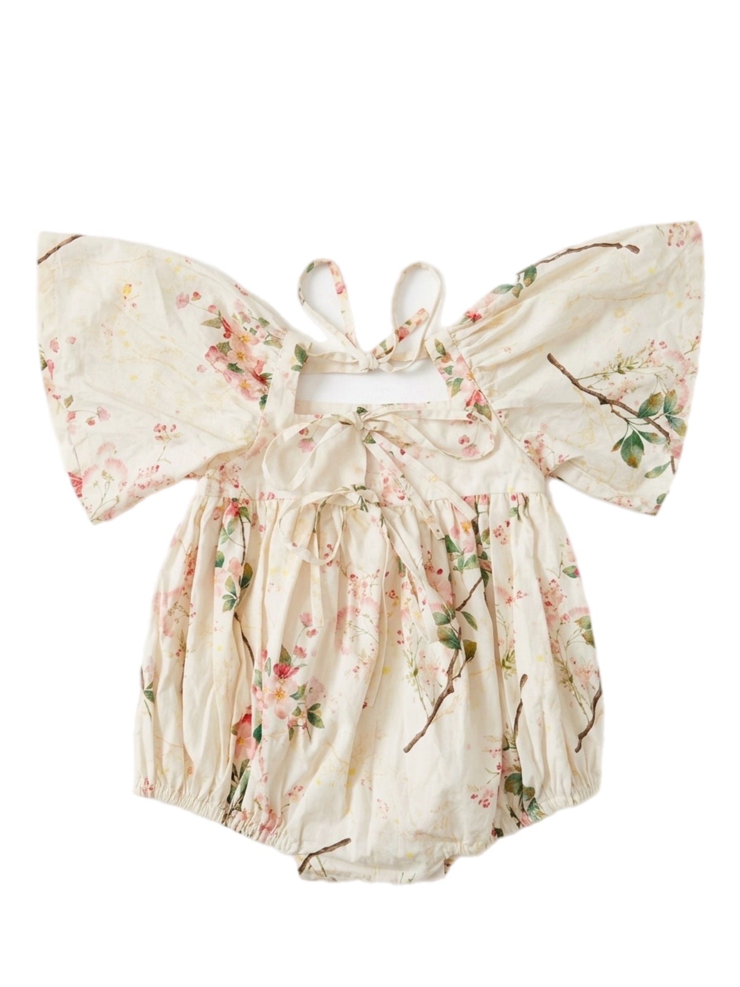 Floral baby romper with butterfly sleeves on a white background