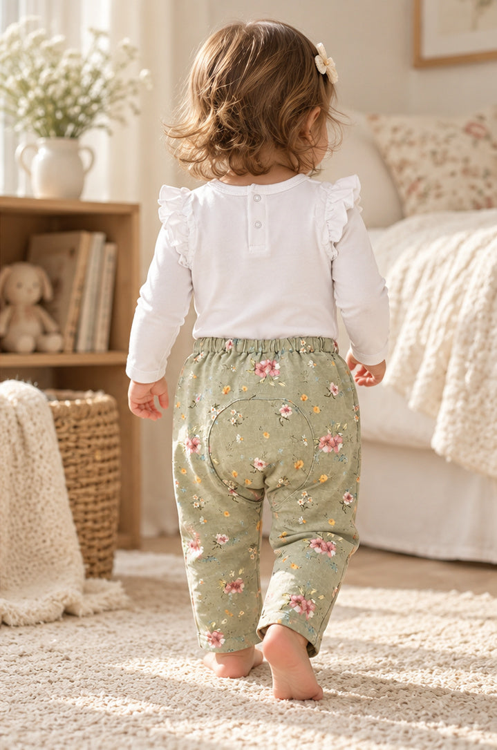 Ruffle Shoulder Bodysuit & Floral Linen Baby Gusset Pant Set