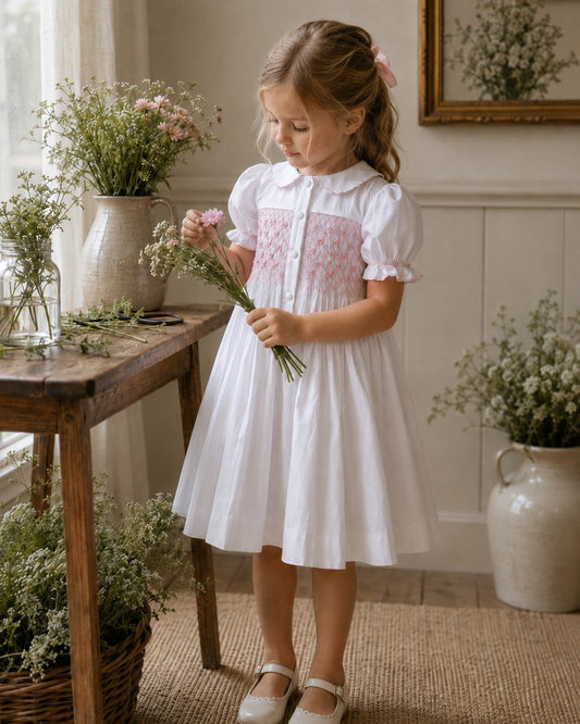A young girl stands in a sunlit room holding a small bouquet of pink flowers. She is wearing a white dress with puff sleeves, a Peter Pan collar, and pink smocked detailing on the bodice.