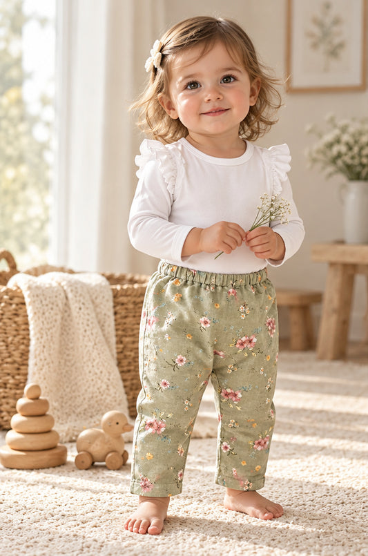Ruffle Shoulder Bodysuit & Floral Linen Baby Gusset Pant Set