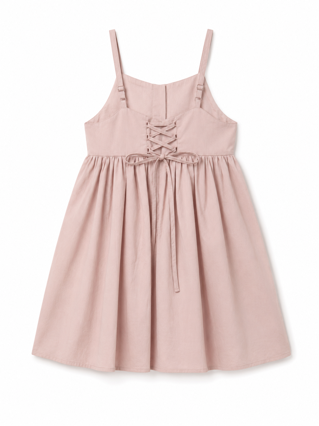 A dusty pink sleeveless dress with thin shoulder straps, a lace-up front bodice, and a gathered flared skirt, shown on a plain white background.
