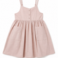 A light pink sleeveless baby dress with thin shoulder straps, a buttoned neckline, a gathered waist, and two front patch pockets, shown on a plain white background.