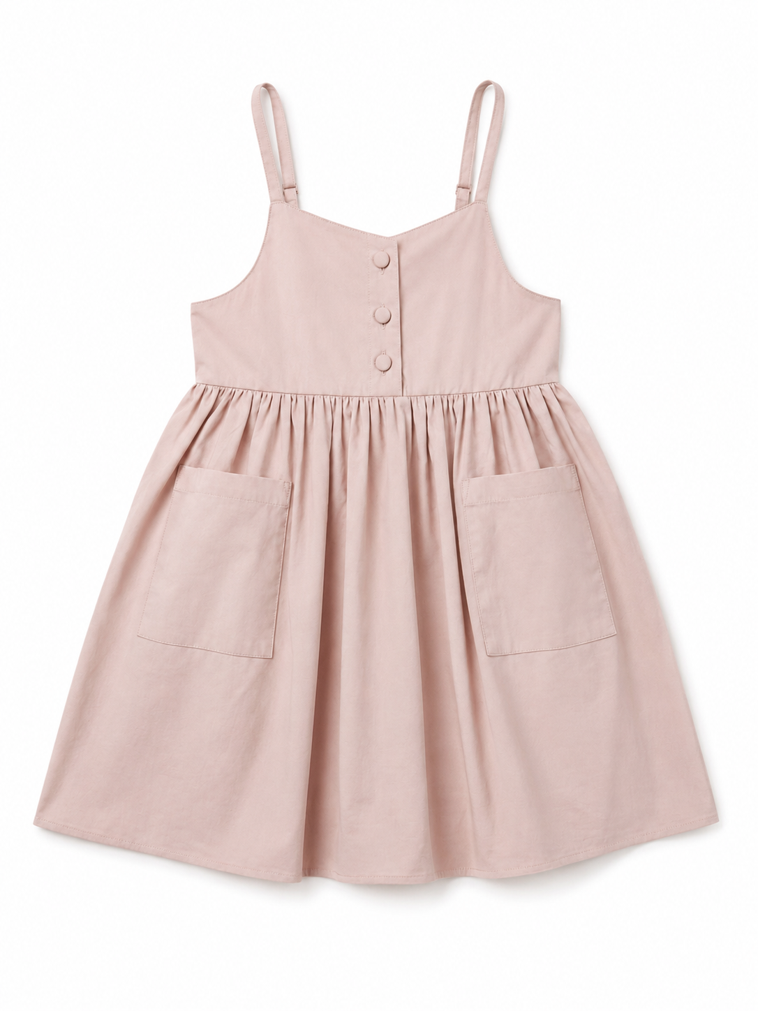 A light pink sleeveless baby dress with thin shoulder straps, a buttoned neckline, a gathered waist, and two front patch pockets, shown on a plain white background.