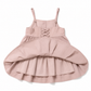 A dusty pink sleeveless dress with thin shoulder straps, a lace-up front bodice, and a tiered ruffled skirt, shown flat on a white background.