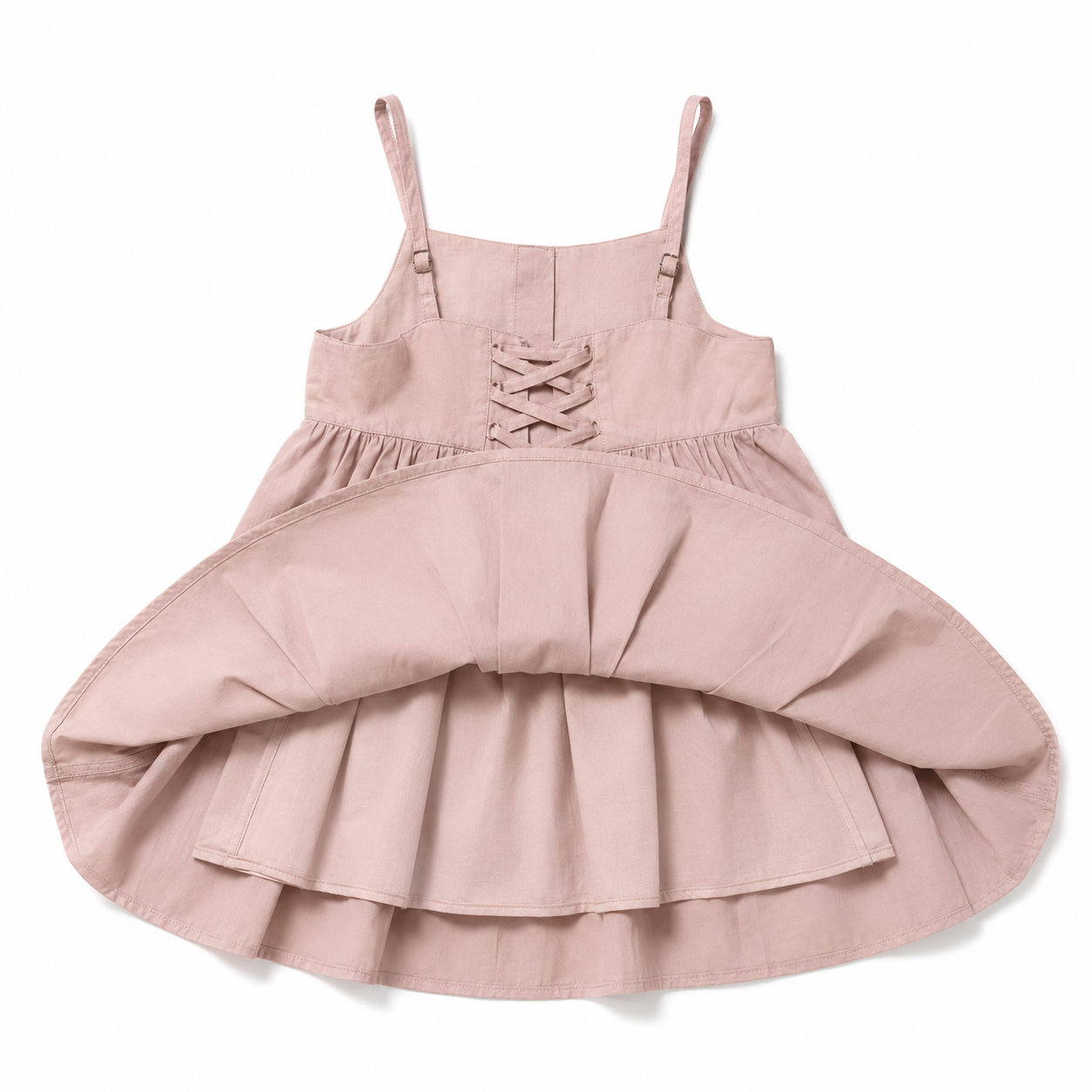 A dusty pink sleeveless dress with thin shoulder straps, a lace-up front bodice, and a tiered ruffled skirt, shown flat on a white background.