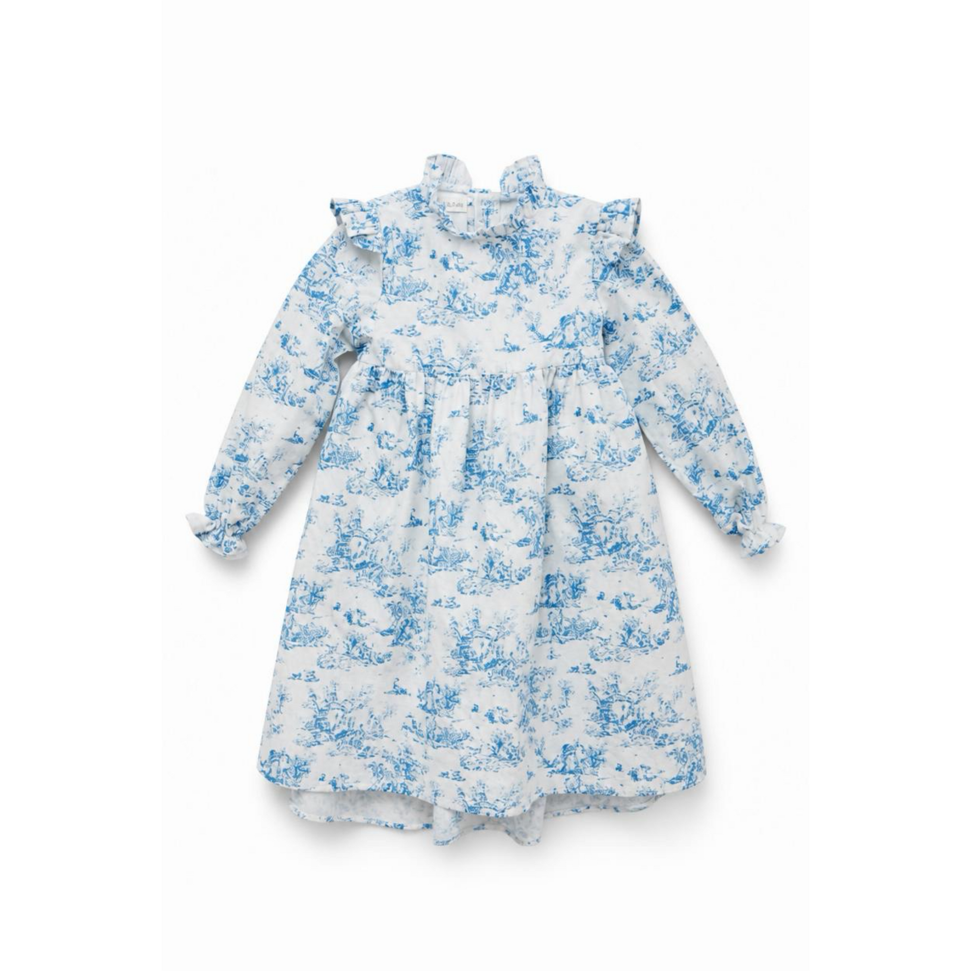 White dress with blue floral pattern on a white background