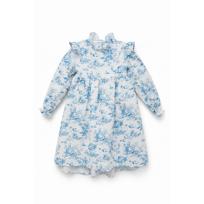 White dress with blue floral pattern on a white background