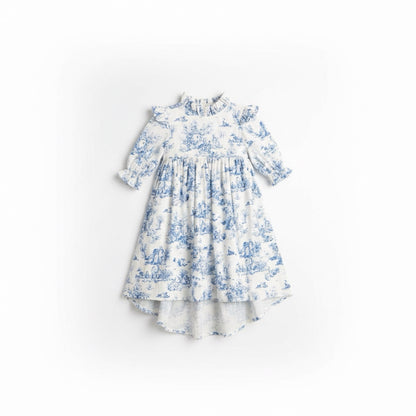 White dress with blue floral pattern on a white background