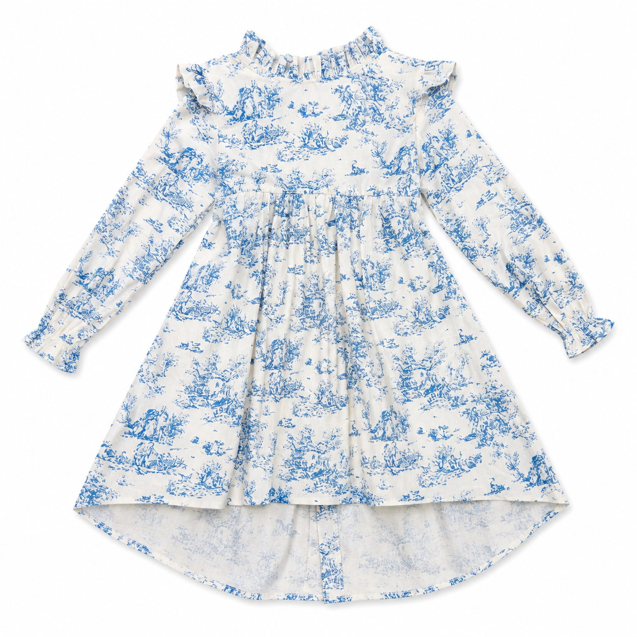 White dress with blue floral pattern on a white background