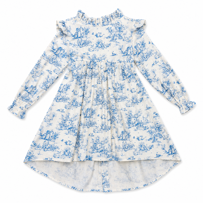 White dress with blue floral pattern on a white background