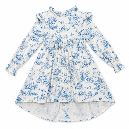 White dress with blue floral pattern on a white background