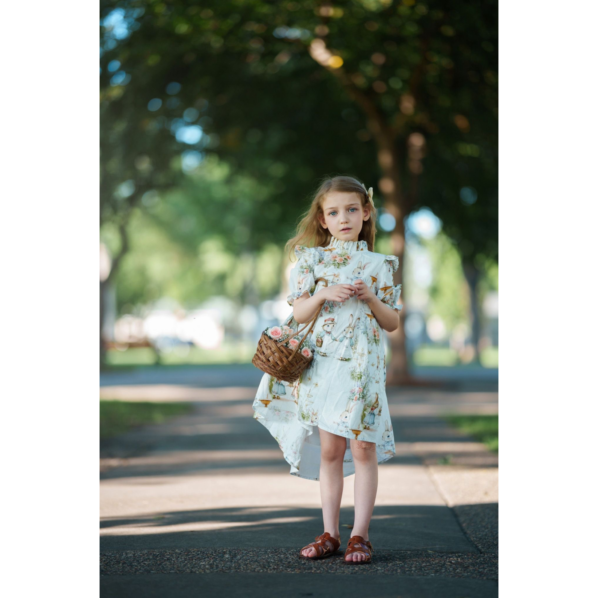 Young girl in a floral dress standing outdoors with trees in the background