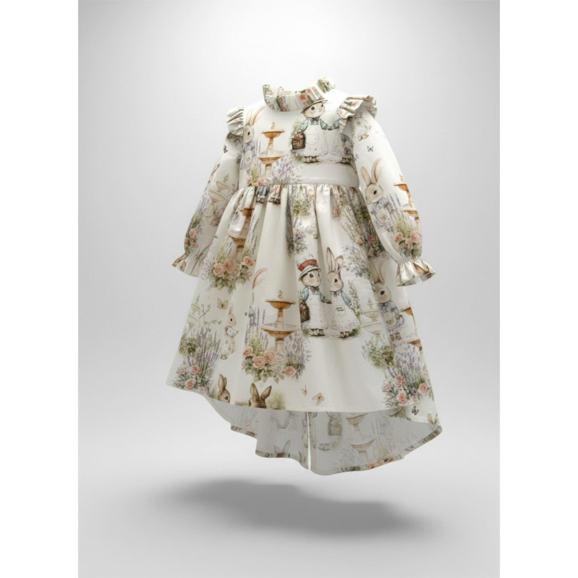 Children's dress with a detailed pattern on a light gray background