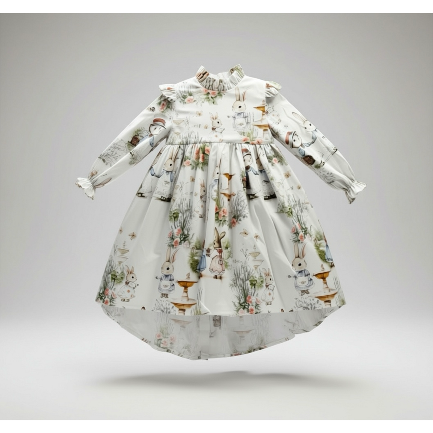 Children's dress with Bramble Rabbit print on a gray background