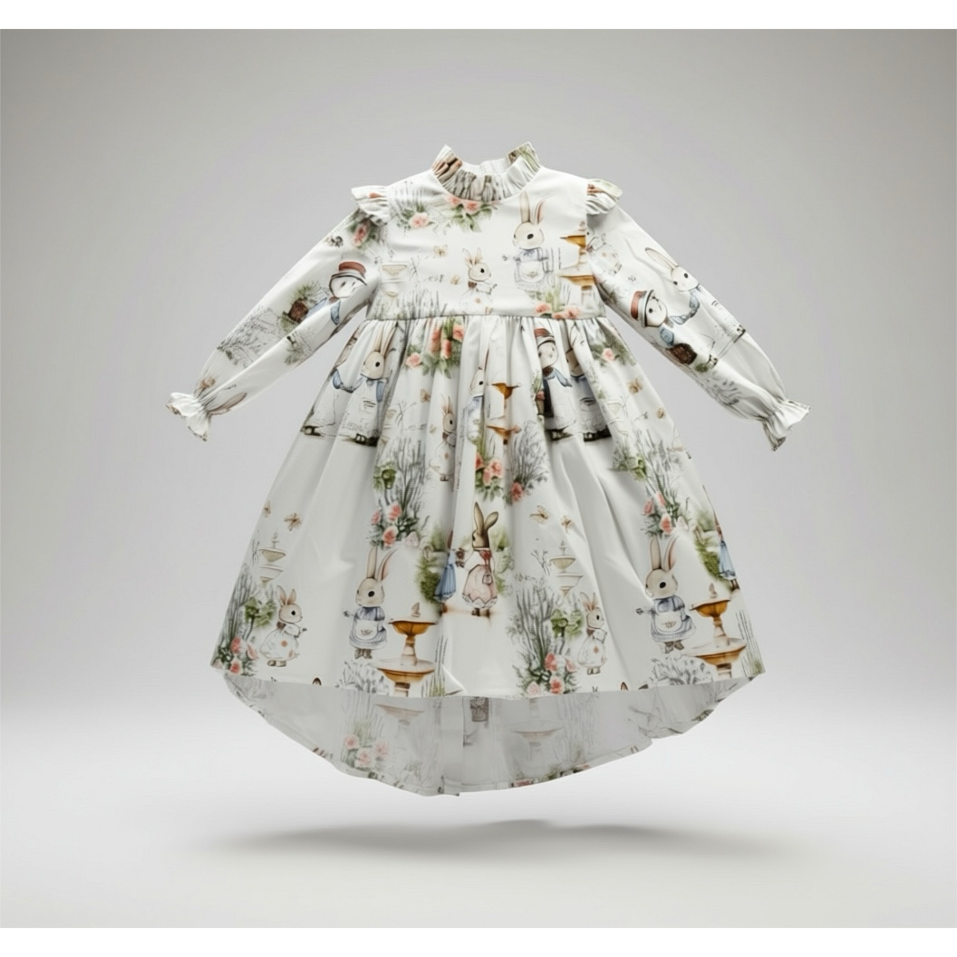 Children's dress with Bramble Rabbit print on a gray background