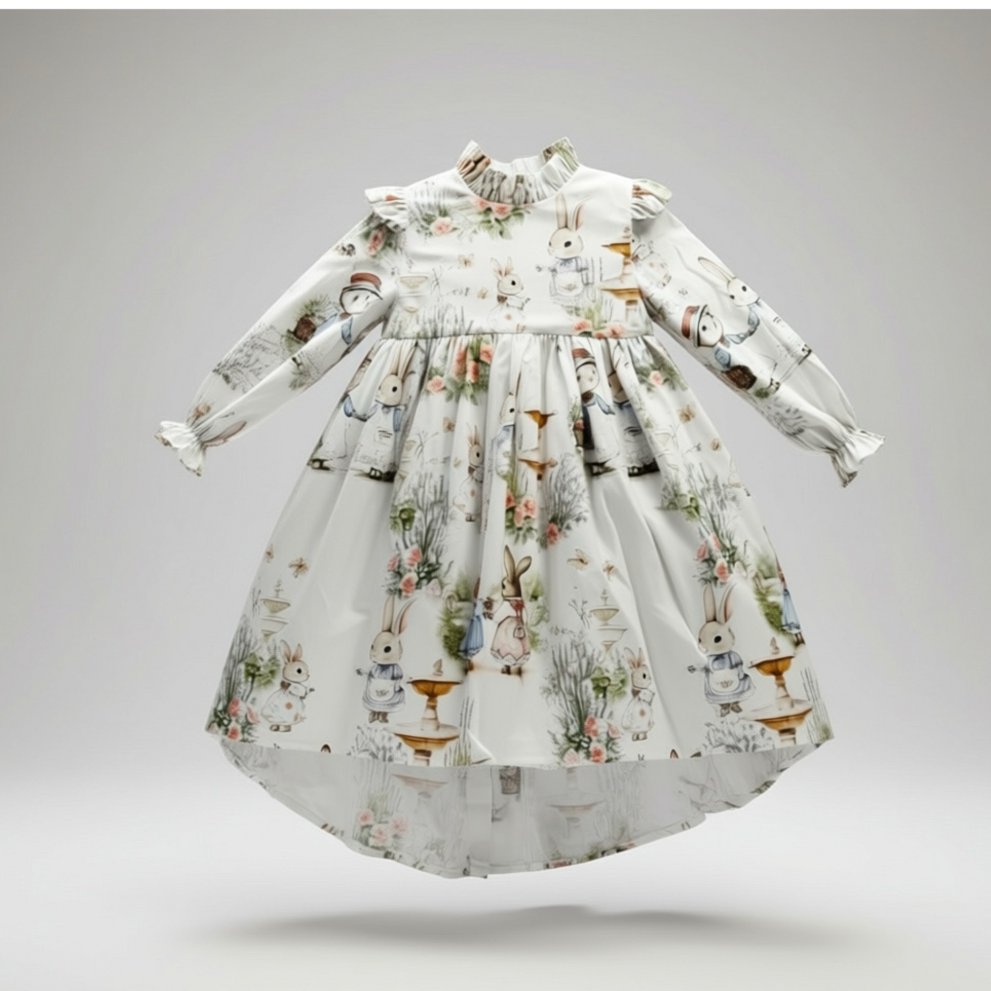 Children's dress with Bramble Rabbit print on a gray background