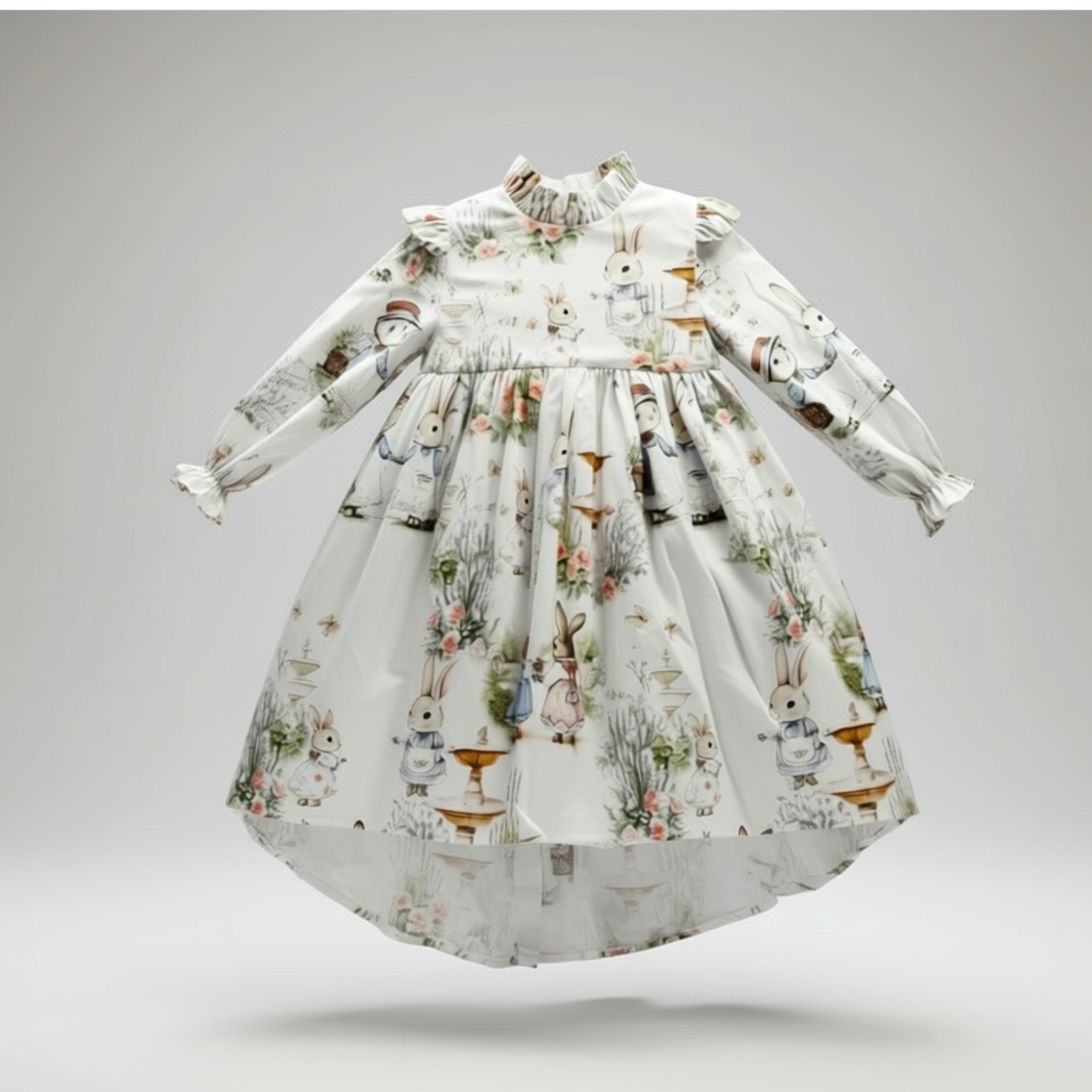 Children's dress with Bramble Rabbit print on a gray background