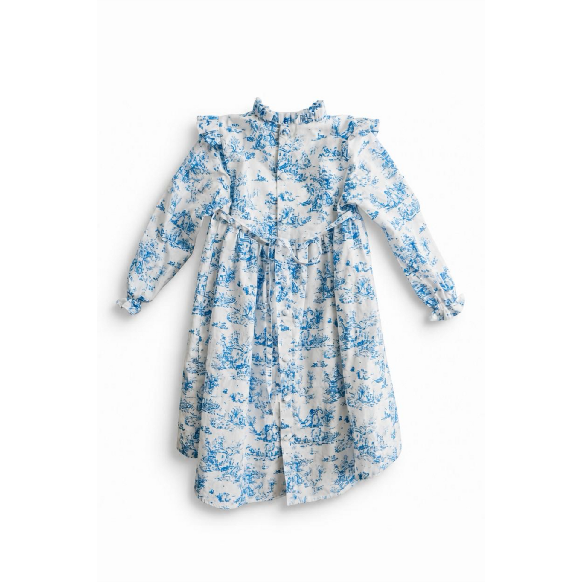 White dress with blue floral pattern on a white background