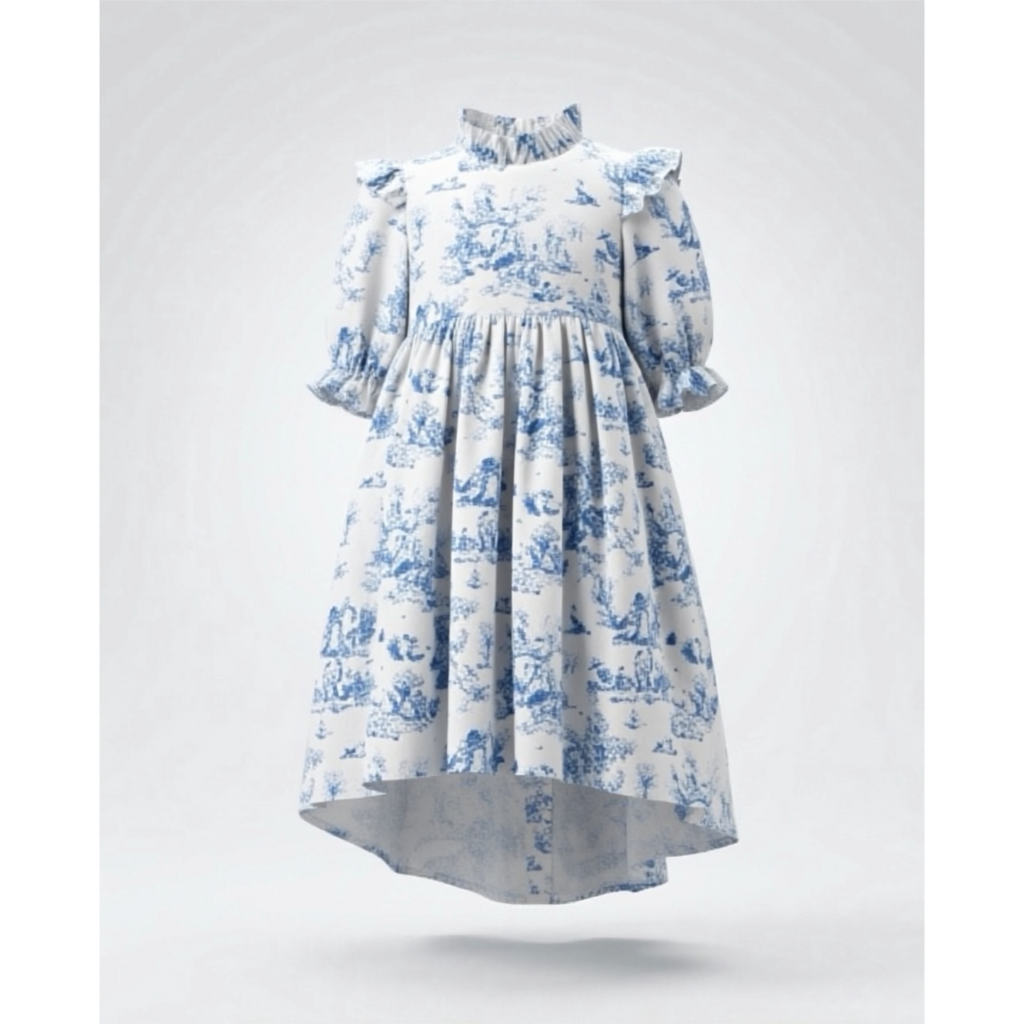 Blue Toil dress with blue floral pattern on a white background