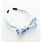 White headband with blue floral pattern on a white background
