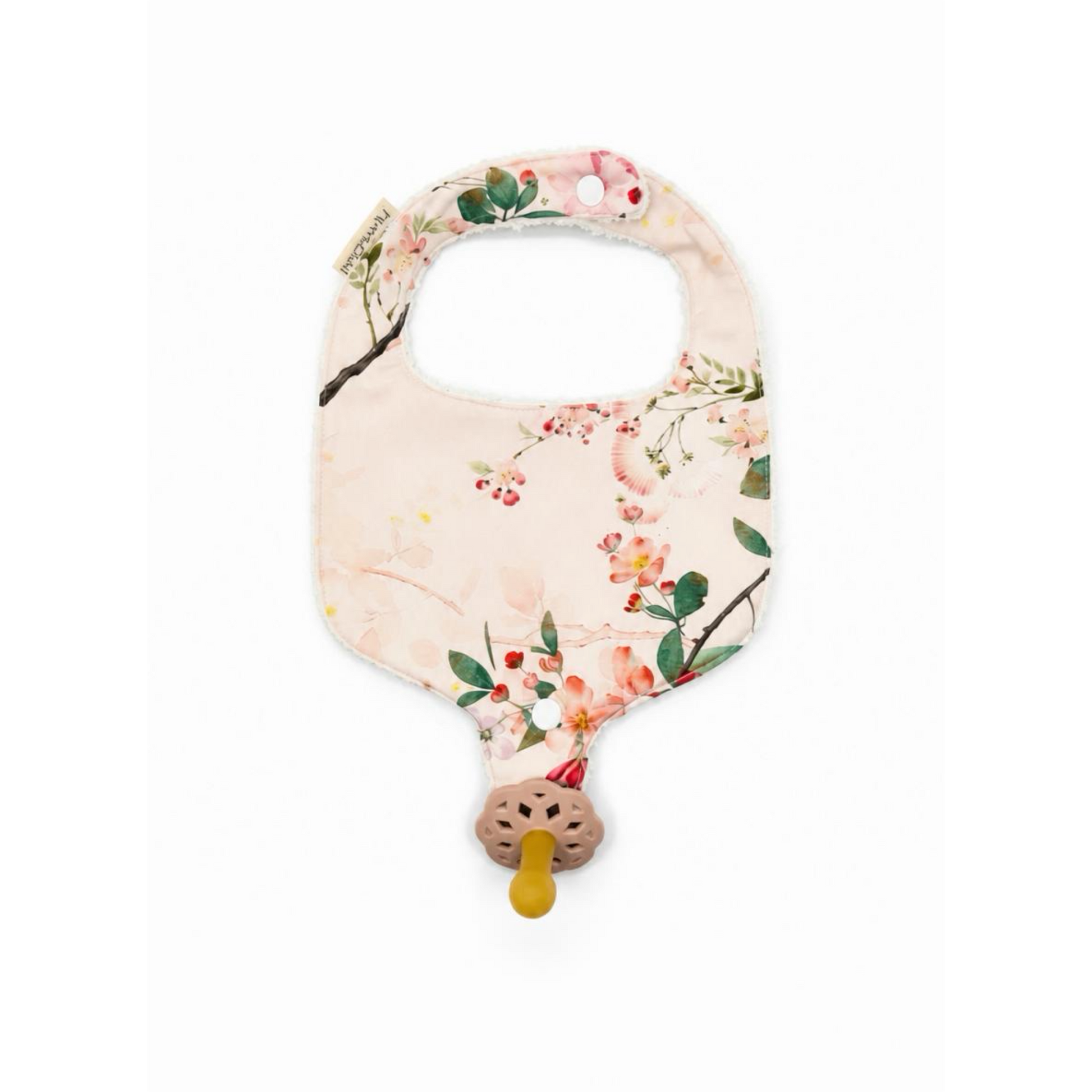 Floral-patterned baby teether on a white background