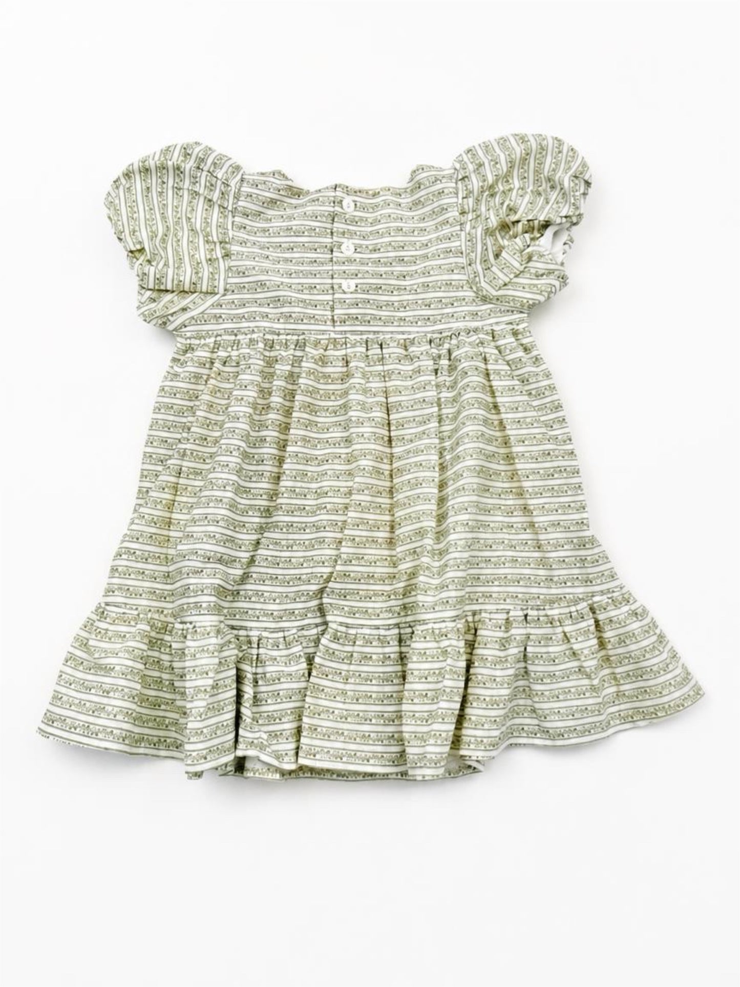 Green and white patterned dress on a white background