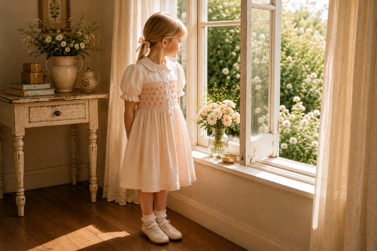A young girl in a light pink and white dress stands by a window in a sunlit room, looking out onto a garden. A matching floral side table with flowers is visible beside her.