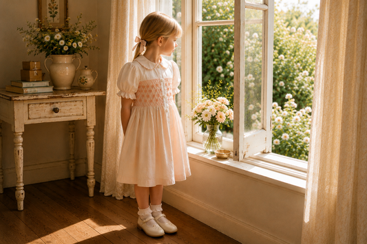 A young girl in a light pink and white dress stands by a window in a sunlit room, looking out onto a garden. A matching floral side table with flowers is visible beside her.
