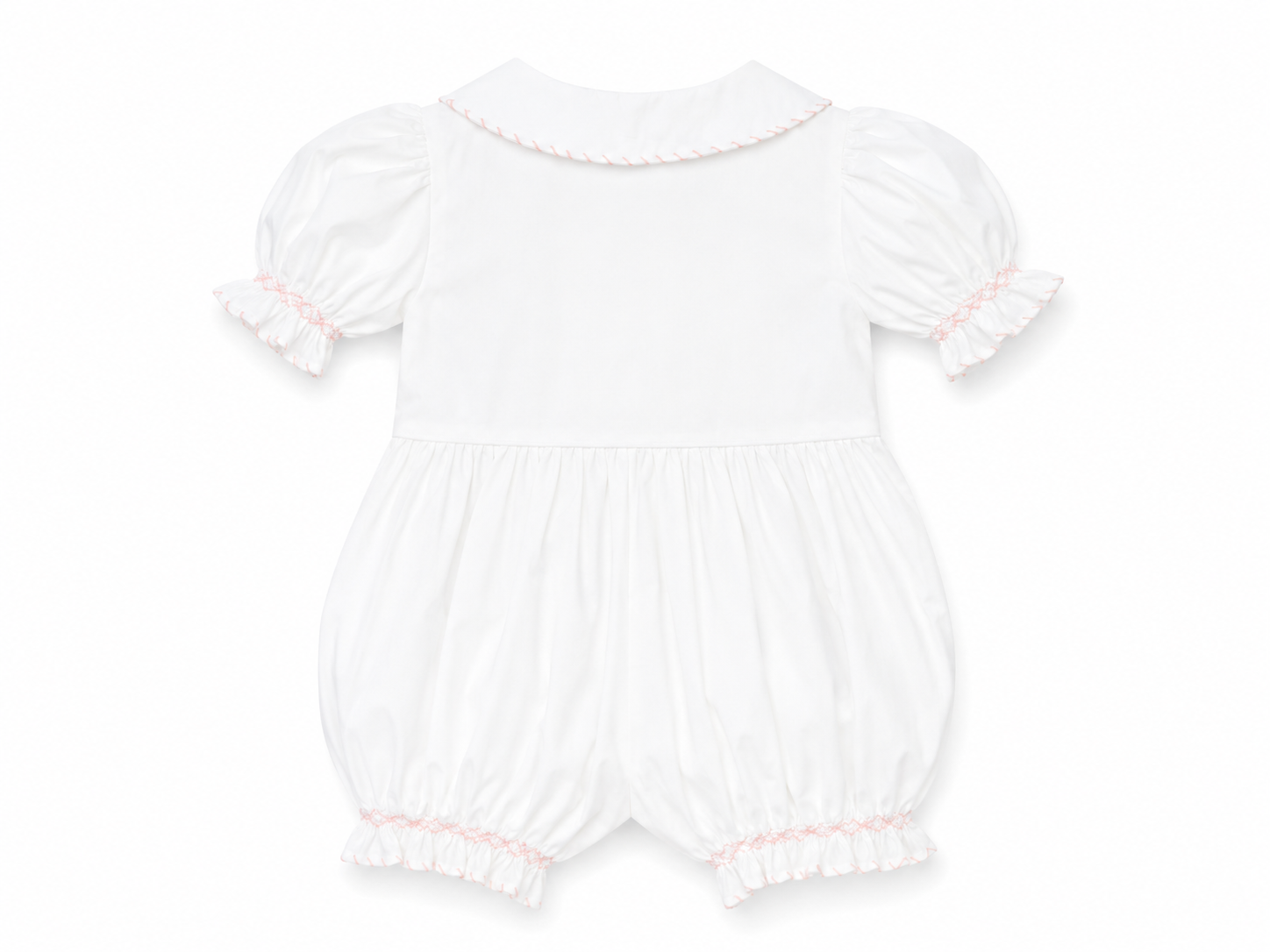 A white baby romper with short puff sleeves, ruffled collar, and ruffled leg openings, featuring delicate pink trim details.