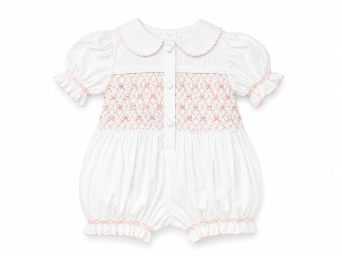 A white baby romper with short puff sleeves, a Peter Pan collar, and pink smocked detailing across the chest, shown on a plain white background.