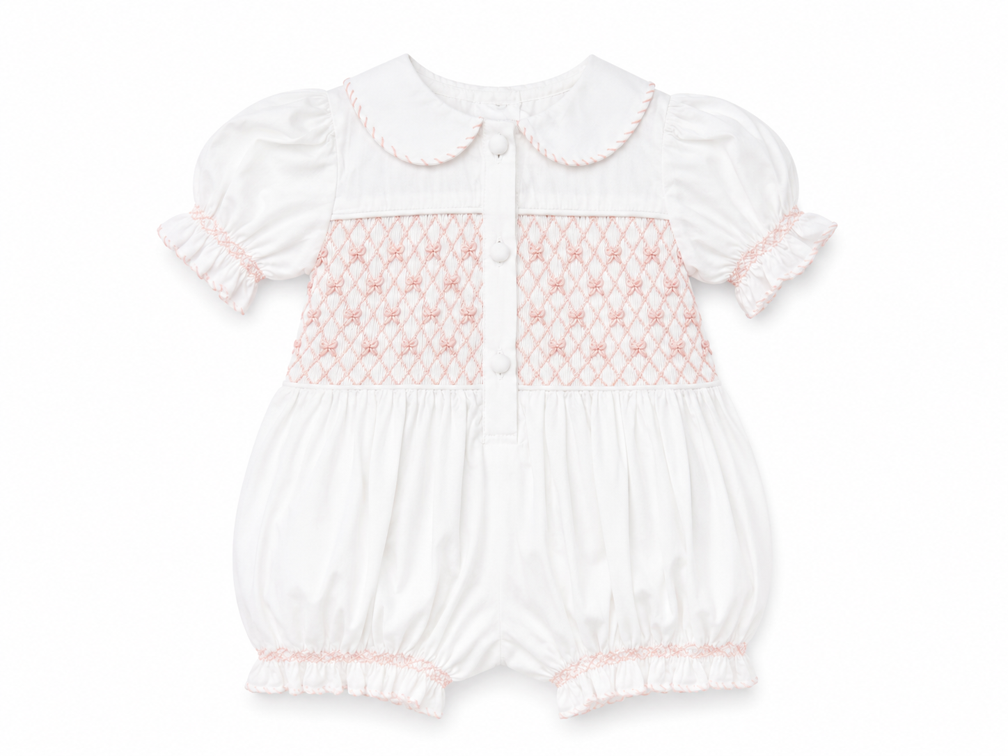 A white baby romper with short puff sleeves, a Peter Pan collar, and pink smocked detailing across the chest, shown on a plain white background.