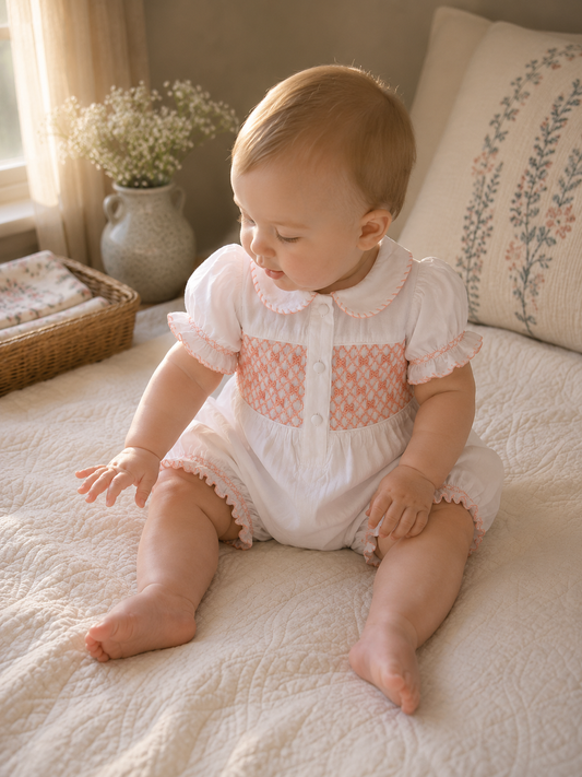 A baby girl sitting on a cream quilted bed wearing a white short-sleeve romper with peach patterned chest pockets and ruffled trim.