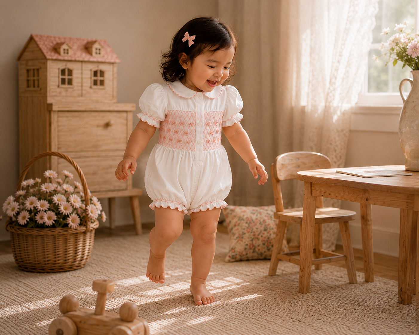 A toddler girl walking barefoot in a sunlit nursery, wearing a white short-sleeve romper with pink smocked detailing across the chest.
