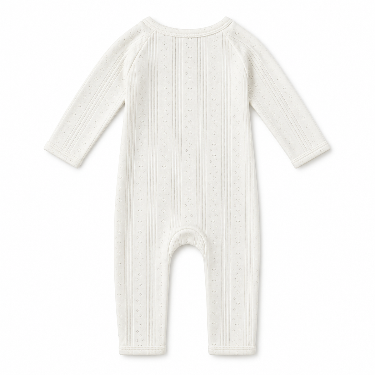 An off-white long-sleeve baby jumpsuit with a vertical ribbed and cable-knit texture, shown flat on a white background.