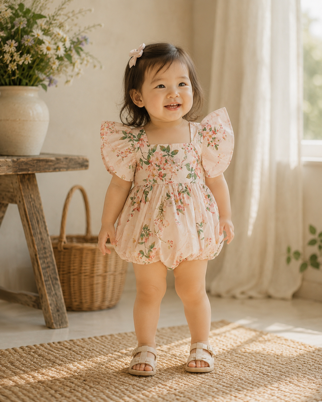 A toddler girl wearing a light pink floral romper dress with flutter sleeves, standing on a woven rug in a bright, sunlit room.