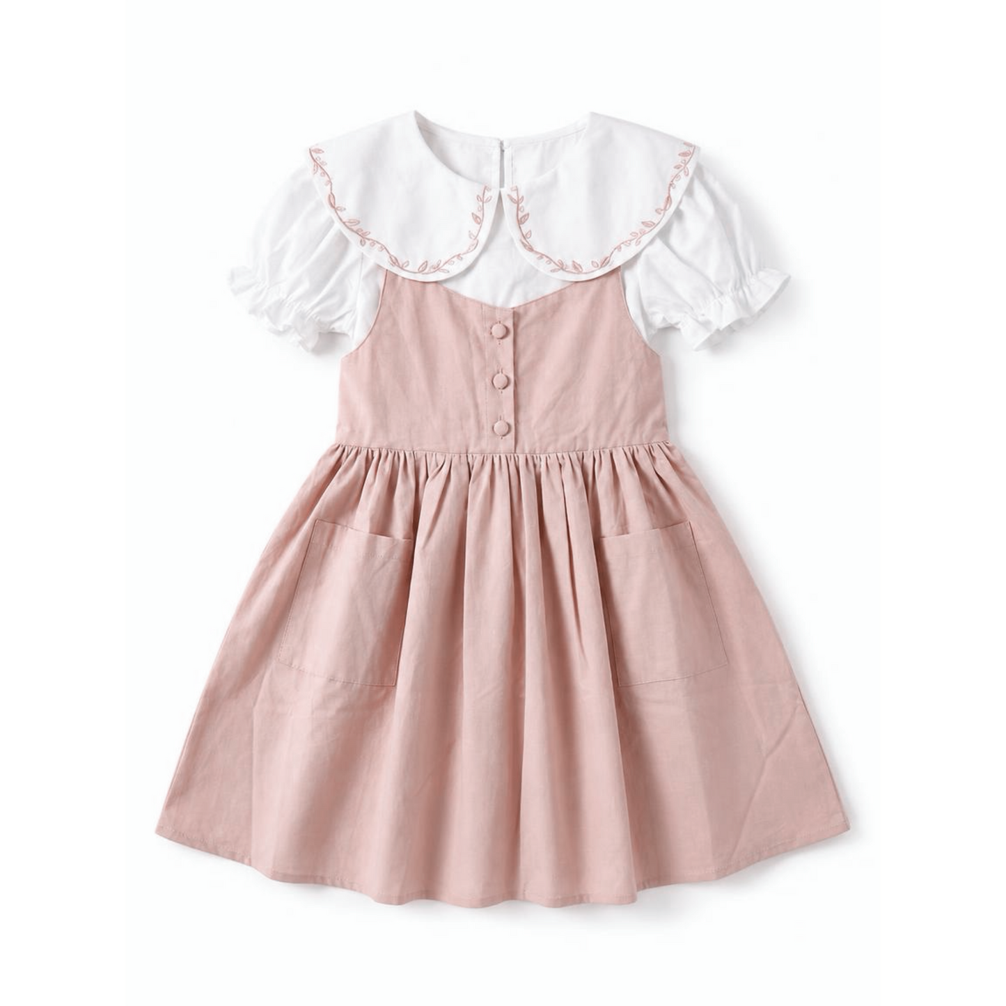 Pink dress with white collar on a white background