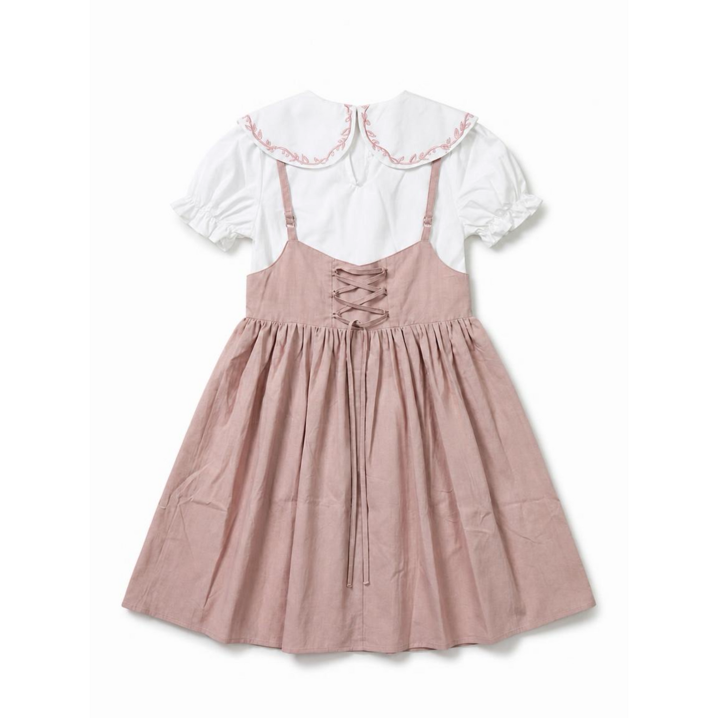 Pink dress with white collar on a white background
