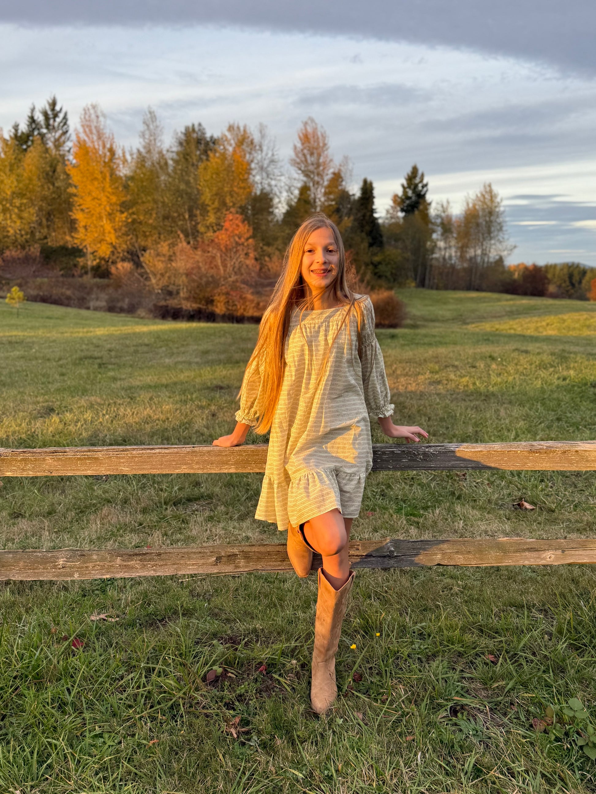 Young girl in a dress standing on a wooden fence in a grassy field with trees in the background.
