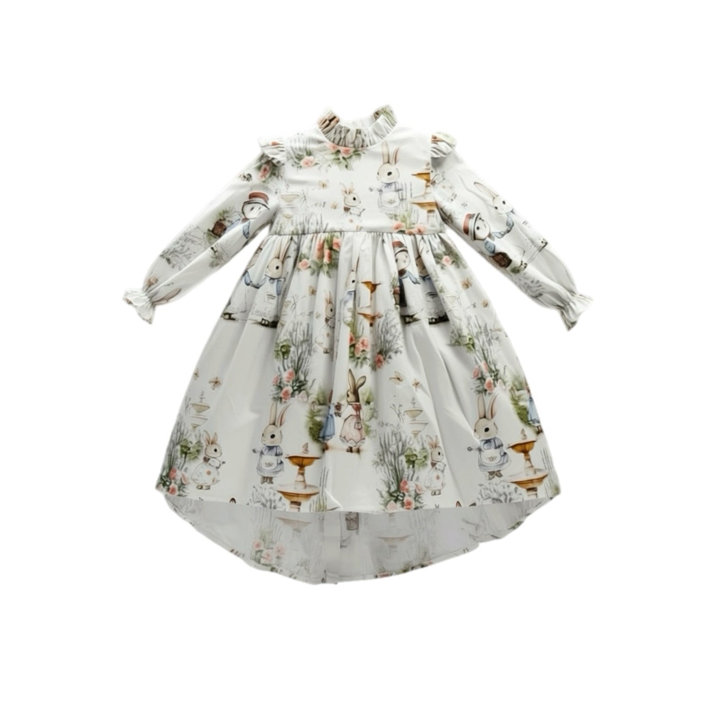 Children's dress with Bramble Rabbit print on a white background