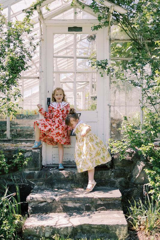 Two children in colorful dresses standing on stone steps in a greenhouse.