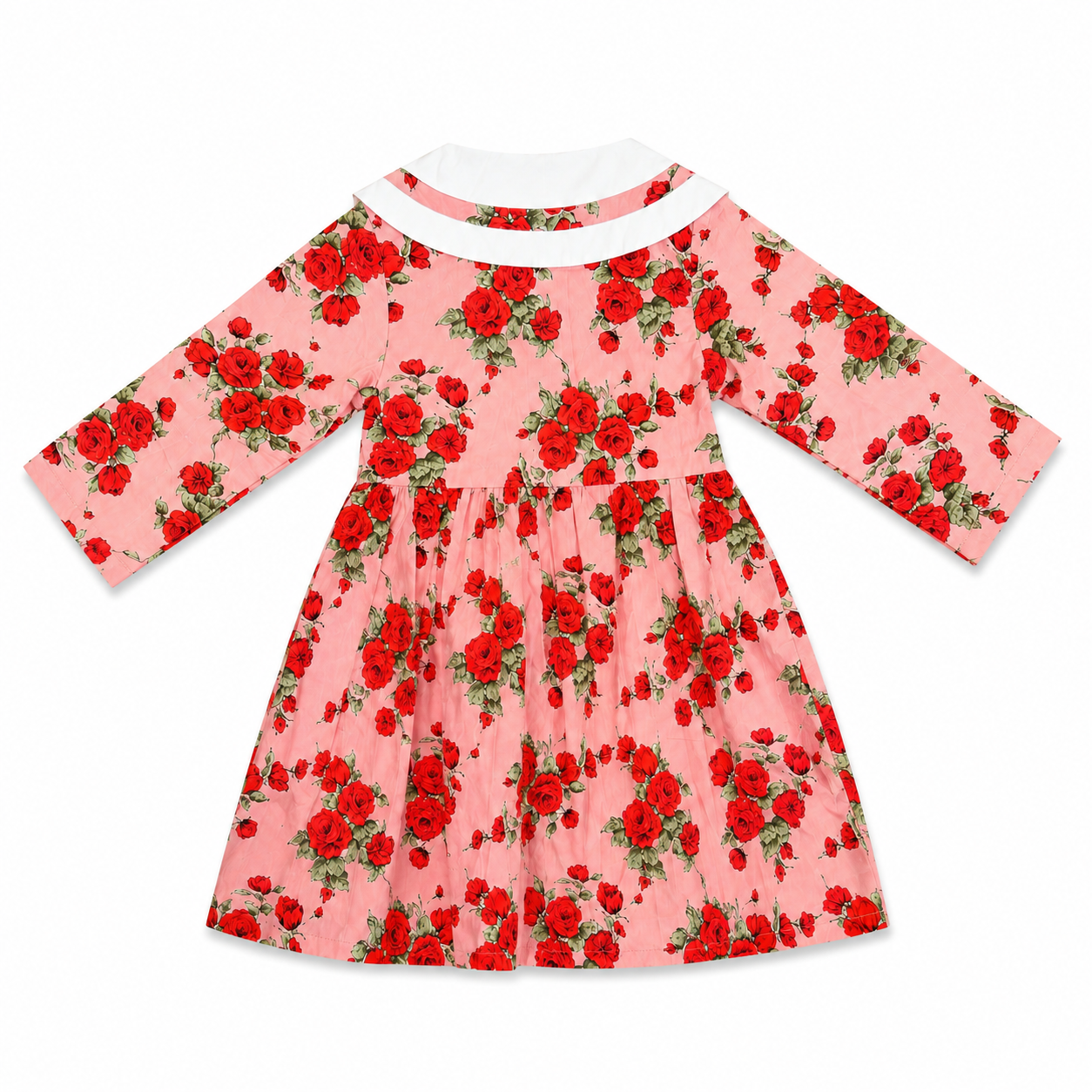 Pink dress with red floral pattern on a white background