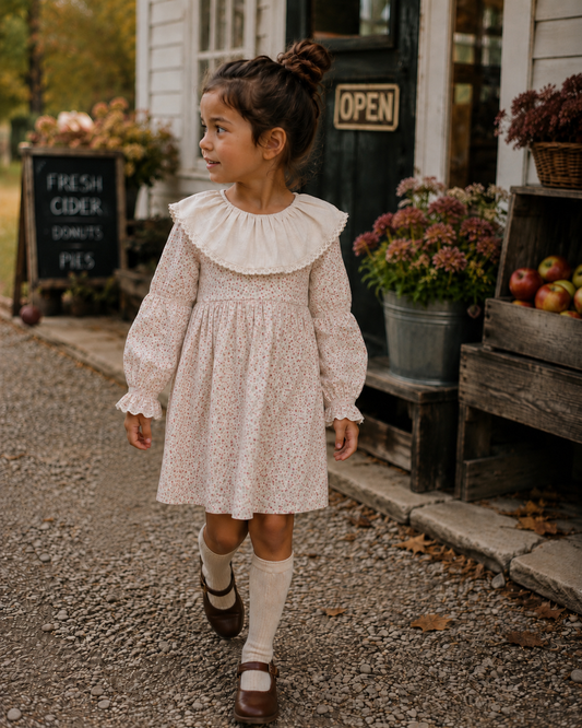 A young girl with her hair in a bun walks outdoors in front of a rustic shop. She is wearing a cream-colored long-sleeve dress with a delicate floral pattern, a large ruffled collar, and matching ruffled cuffs.