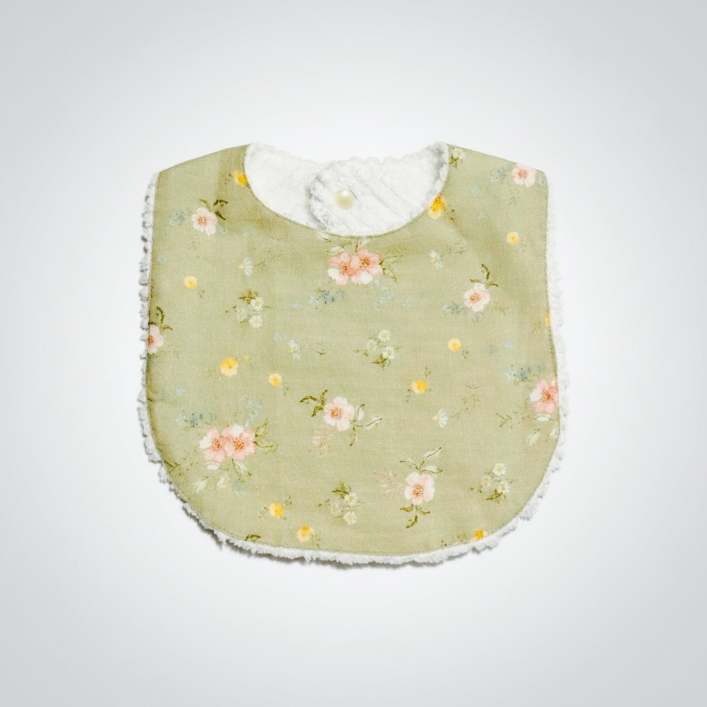 Linen Baby bib in Hedgerow Floral with soft cotton chenille backing