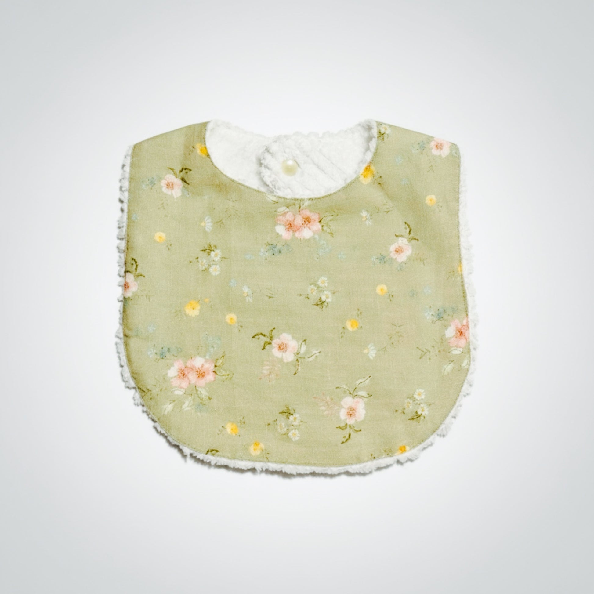 Linen Baby bib in Hedgerow Floral with soft cotton chenille backing