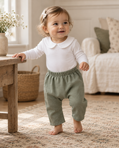 Peter Pan Collar Bodysuit & Linen Baby Gusset Pant Set