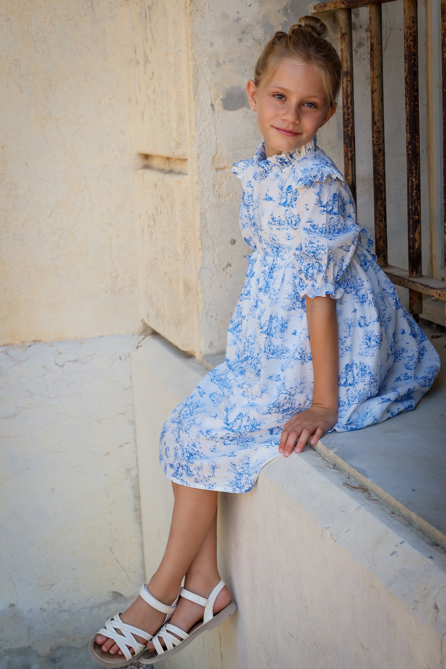 Aoki Dress-Blue Toile | Three-Quarter Sleeve