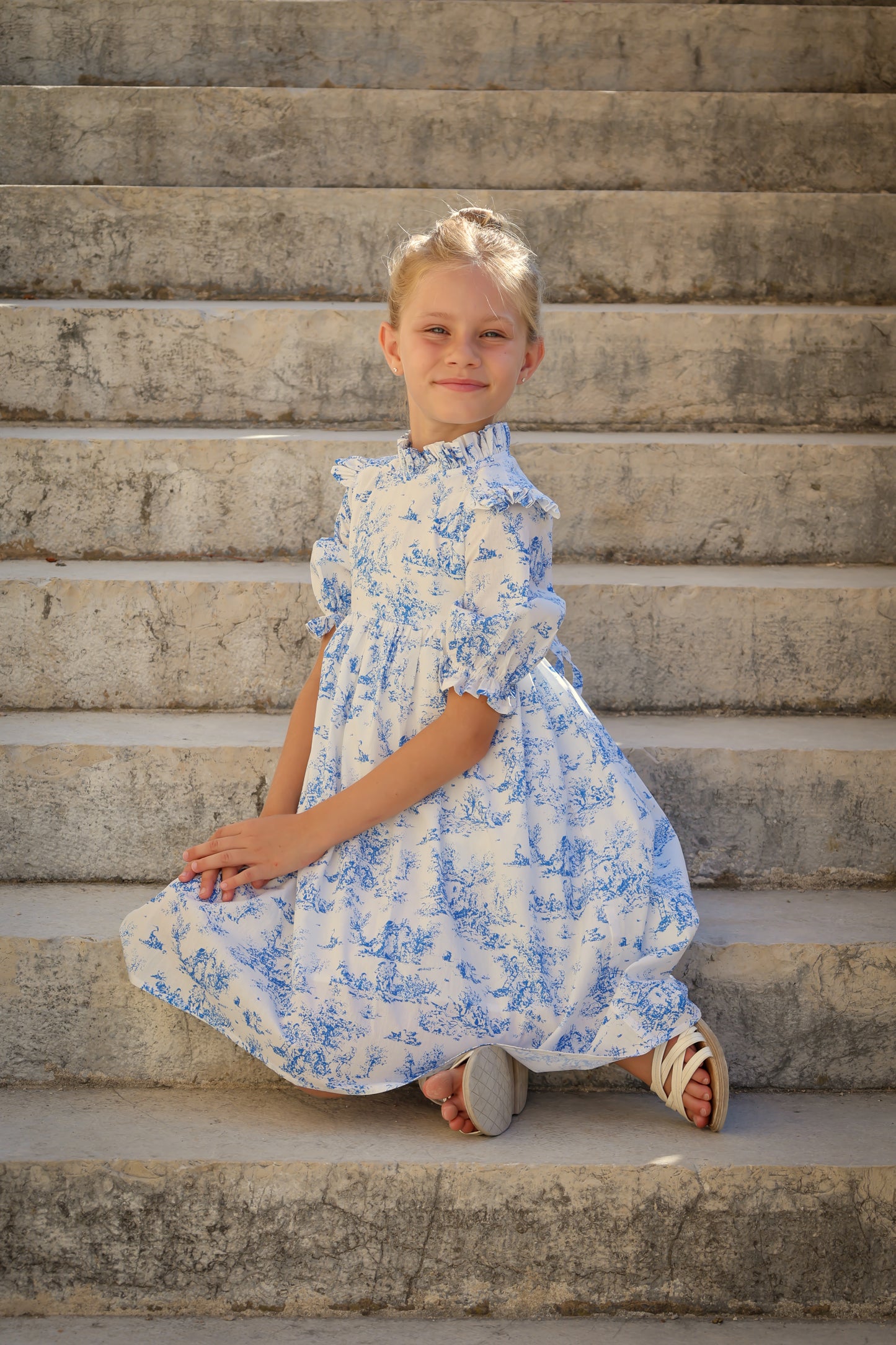 Aoki Dress-Blue Toile | Three-Quarter Sleeve