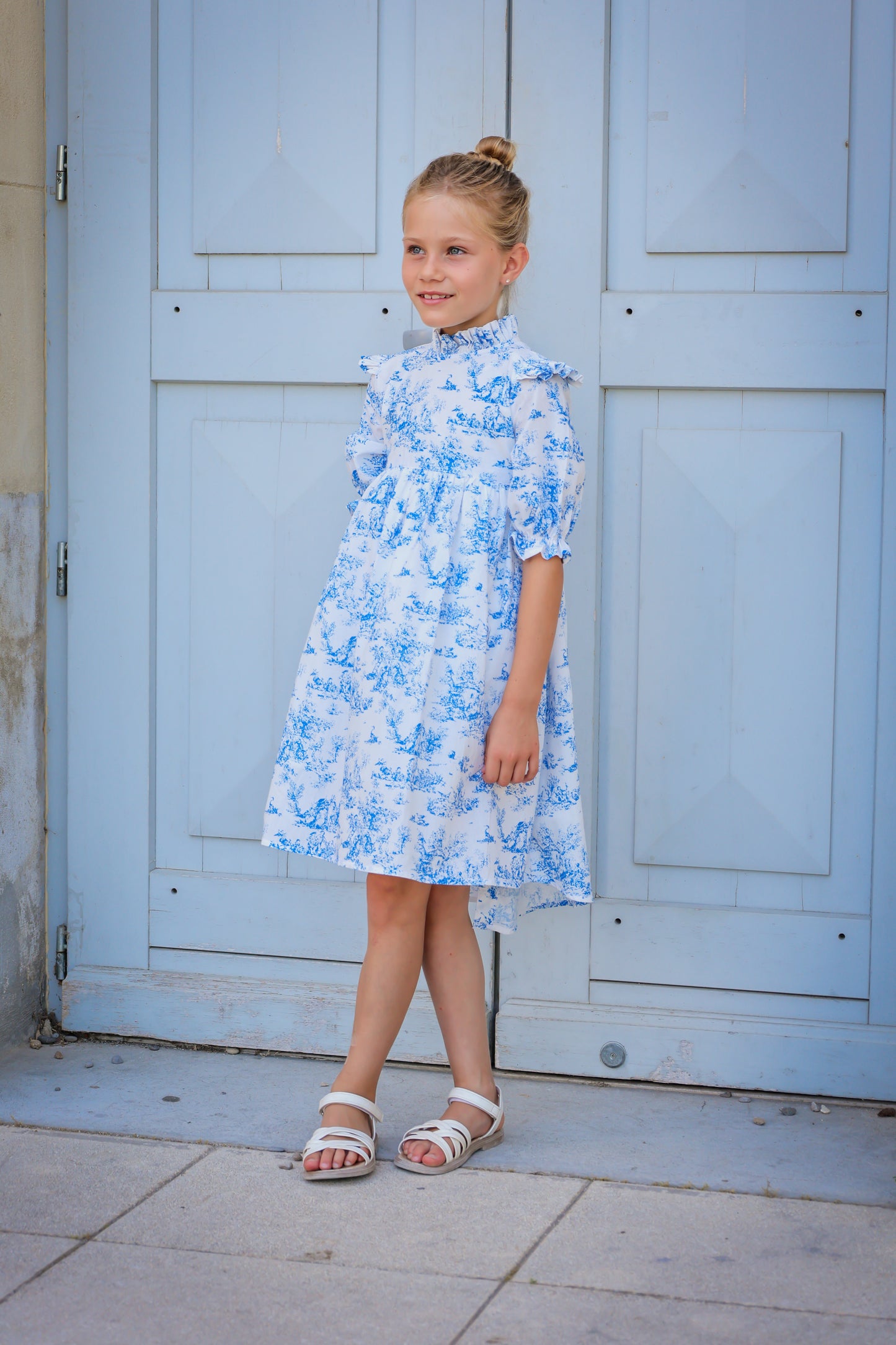 Aoki Dress-Blue Toile | Three-Quarter Sleeve